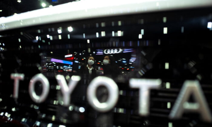 The Toyota logo is pictured at the 43rd Bangkok International Motor Show, in Bangkok, on March 22, 2022. (Athit Perawongmetha/Reuters)