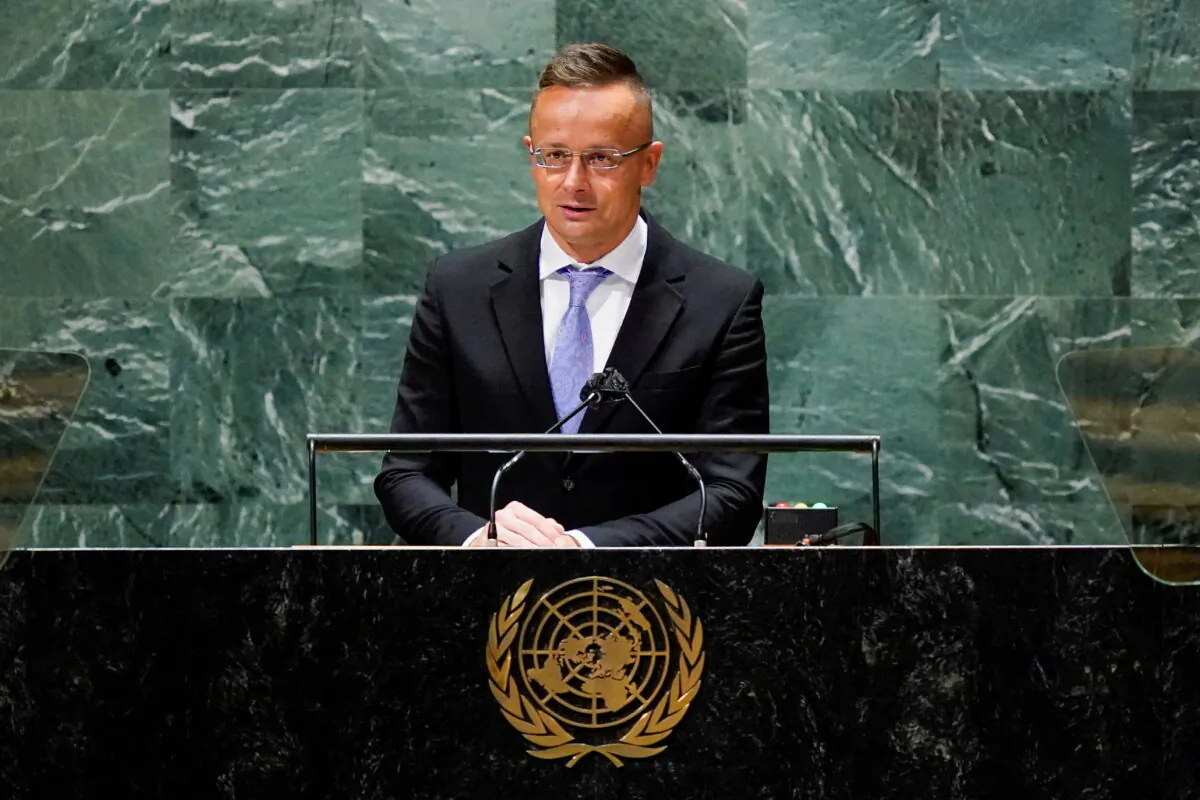 Hungarian Foreign Minister Peter Szijjarto addresses the 76th Session of the U.N. General Assembly at the U.N. headquarters in New York City on Sept. 23, 2021. (Mary Altaffer/Pool via Reuters)