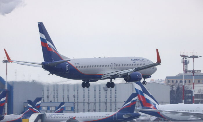 An Aeroflot-Russian Airlines passenger plane lands at Sheremetyevo International Airport in Moscow, on March 12, 2022. (Marina Lystseva/Reuters) 