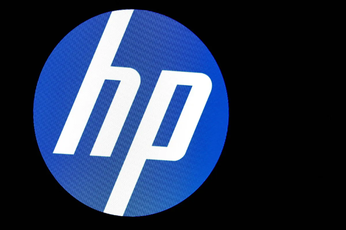 A screen displays the logo for HP Inc. at the New York Stock Exchange (NYSE) in New York, on Nov. 18, 2019. (Brendan McDermid/Reuters)