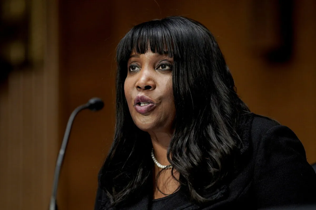 Lisa Cook, of Michigan, nominated to be a member of the Board of Governors of the Federal Reserve System, speaks before a Senate Banking, Housing and Urban Affairs Committee confirmation hearing on Capitol Hill in Washington, on Feb. 3, 2022. (Ken Cedeno/Reuters)