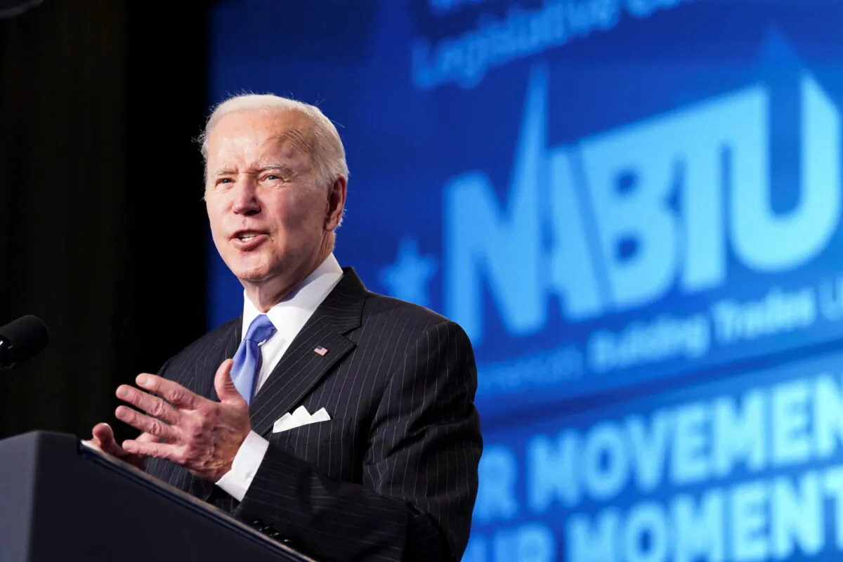 President Joe Biden addresses the North America’s Building Trades Unions (NABTU) Legislative Conference in Washington on April 6, 2022. (Kevin Lamarque/Reuters)