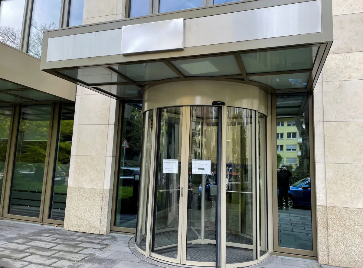 The entrance to the European headquarters of Russian bank VTB in the financial district of Frankfurt, Germany, on April 5, 2022. (Tom Sims/Reuters)