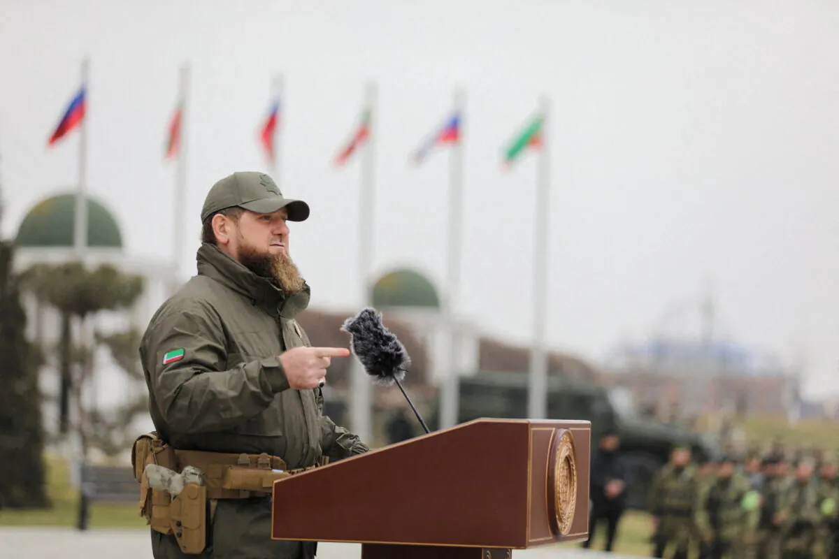 Head of the Chechen Republic Ramzan Kadyrov addresses service members while making a statement, dedicated to a military conflict in Ukraine, in Grozny, Russia, on Feb. 25, 2022. (Chingis Kondarov/Reuters)