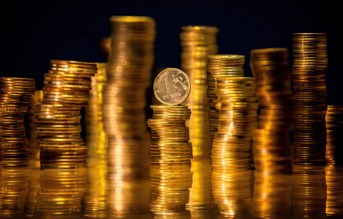 Russian rouble coins in a photo illustration taken on March 25, 2021. (Maxim Shemetov/Illustration/Reuters)