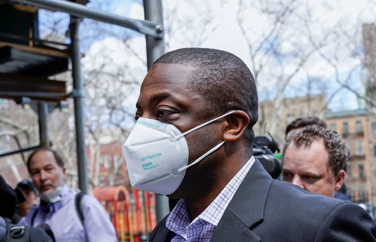 New York State Lt. Gov. Brian Benjamin, who has been arrested and charged with bribery and fraud for allegedly directing state funds to a group controlled by a real estate developer who was a campaign donor, leaves a courthouse in New York on April 12, 2022. (Dieu-Nalio Chery/Reuters)