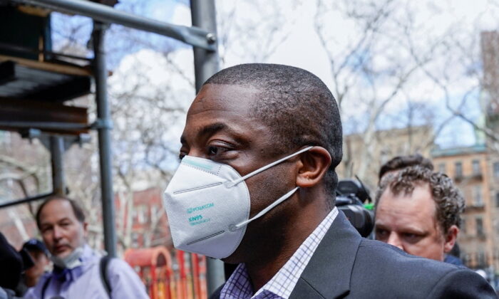 New York State Lt. Gov. Brian Benjamin, who has been arrested and charged with bribery and fraud for allegedly directing state funds to a group controlled by a real estate developer who was a campaign donor, leaves a courthouse in New York on April 12, 2022. (Dieu-Nalio Chery/Reuters)