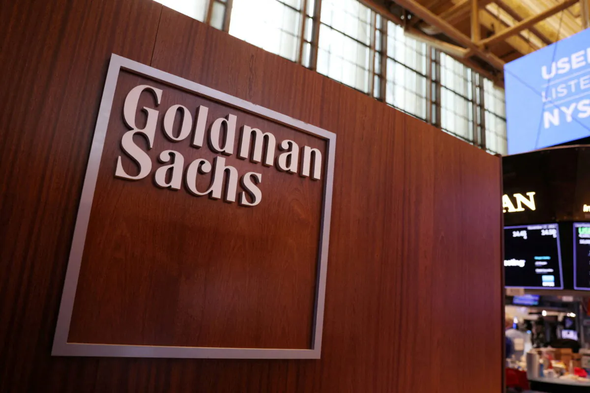 The logo for Goldman Sachs is seen on the trading floor at the New York Stock Exchange (NYSE) in New York City, Nov. 17, 2021. (Andrew Kelly/File/Reuters)
