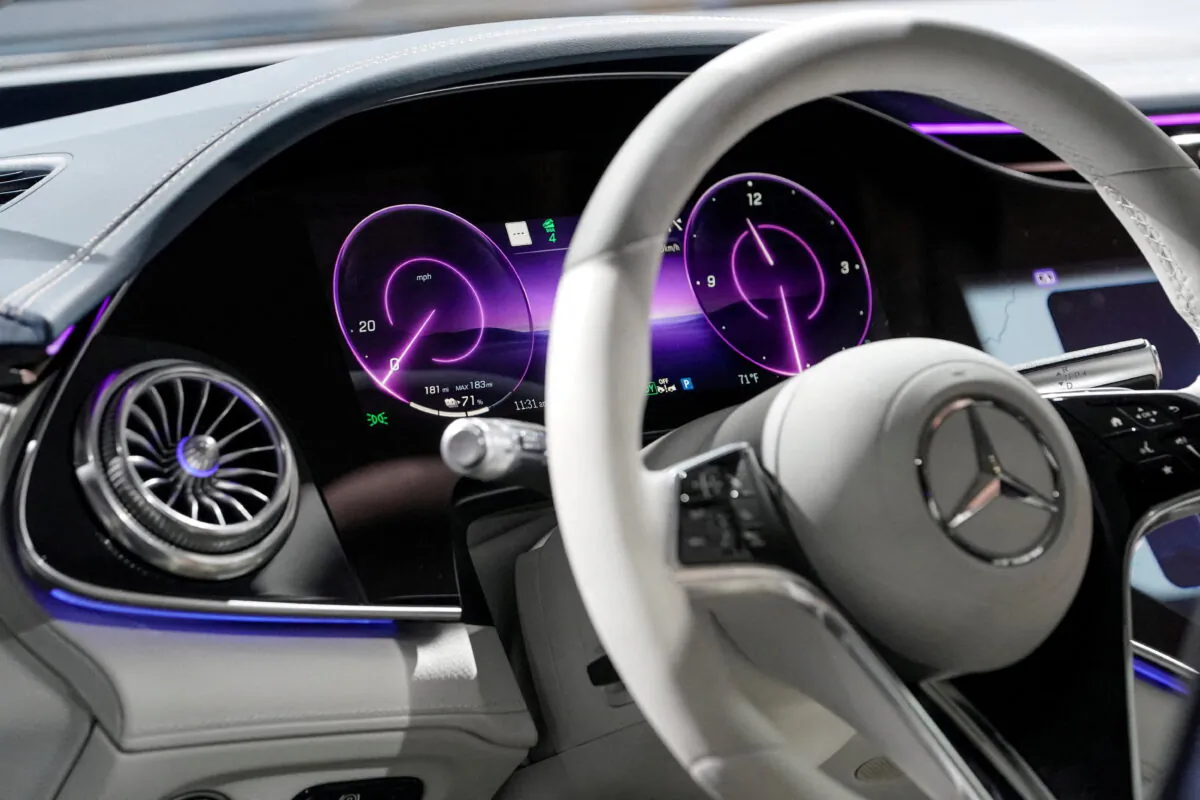 The steering wheel and one of the digital dashboards of the all-electric Mercedes-Benz EQS SUV is seen at the opening of a Mercedes-Benz electric vehicle Battery Factory, marking one of only seven locations producing batteries for their fully electric Mercedes-EQ models, in Woodstock, Ala., on March 15, 2022. (Elijah Nouvelage/Reuters)
