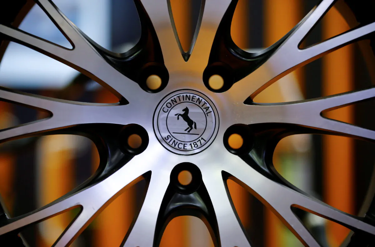 The logo of Continental AG on a rim at the company's stand during the Hannover Fair in Hanover, Germany, on April 25, 2016. (Wolfgang Rattay/Reuters)