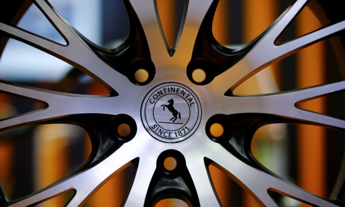 The logo of Continental AG on a rim at the company's stand during the Hannover Fair in Hanover, Germany, on April 25, 2016. (Wolfgang Rattay/Reuters)