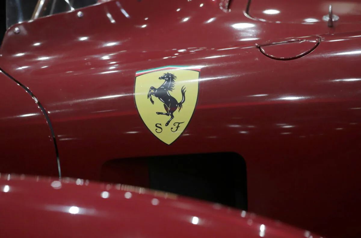 The logo of sports car manufacturer Ferrari is pictured during the inauguration of Ferrari exhibition in Monaco, on Dec. 3, 2018. (Eric Gaillard/Reuters)