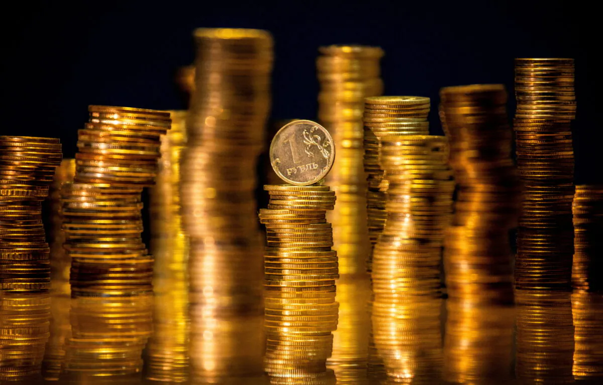Russian rouble coins in this illustration picture taken on March 25, 2021. (Maxim Shemetov/Illustration/Reuters)