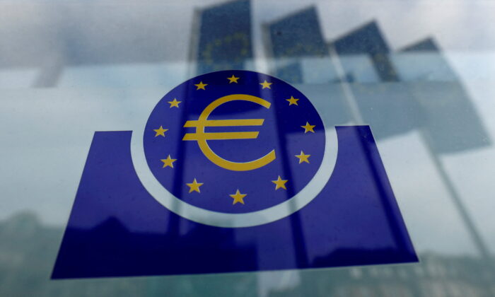 The European Central Bank (ECB) logo in Frankfurt, Germany, on Jan. 23, 2020. (Ralph Orlowski/Reuters)