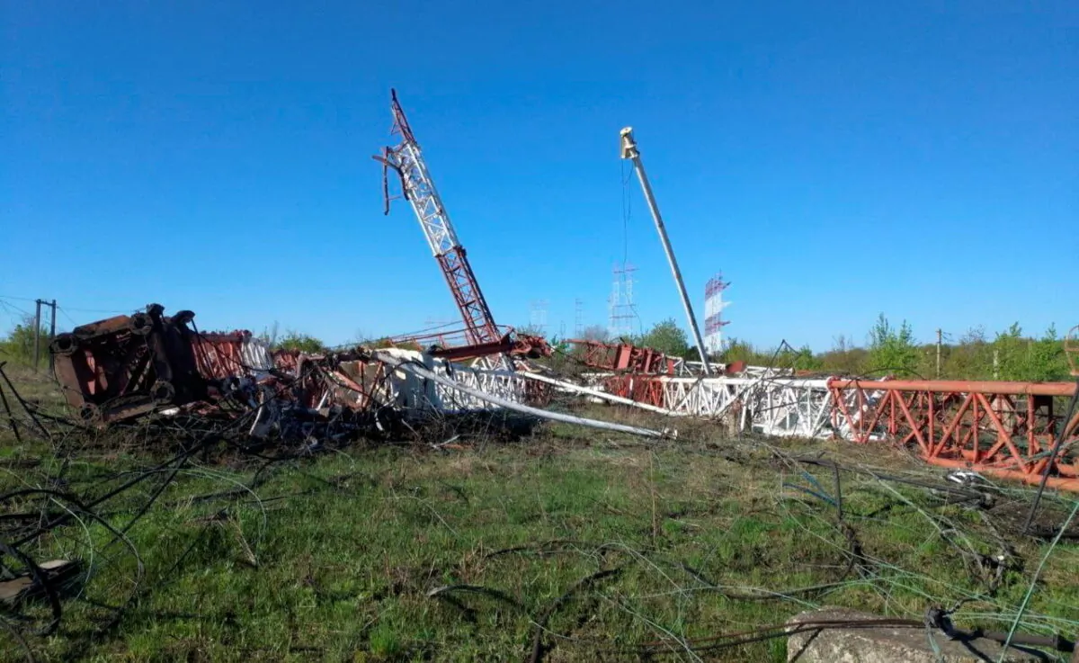 A view of toppled Pridnestrovian radio center antennas, also known as "Grigoriopol transmitters,” following the blasts, near Maiac, Grigoriopol, in Moldova's self-proclaimed separatist Transdniestria region, in this handout photo released on April 26, 2022. (Transdniestria Interior Ministry/Handout via Reuters)