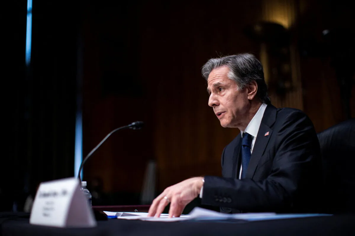Secretary of State Antony Blinken speaks during a Senate Foreign Relations Committee hearing in Washington, on April 26, 2022. (Al Drago/Pool via Reuters)