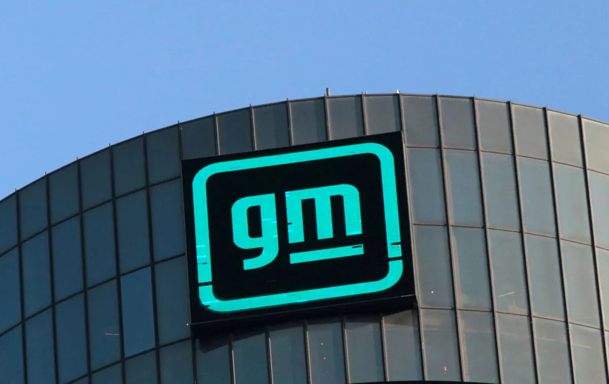The new GM logo on the facade of the General Motors headquarters in Detroit on March 16, 2021. (Rebecca Cook/Reuters)