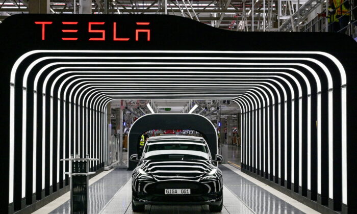 Model Y cars during the opening ceremony of the new Tesla Gigafactory for electric cars in Gruenheide, Germany, on March 22, 2022. (Patrick Pleul/Pool via Reuters)