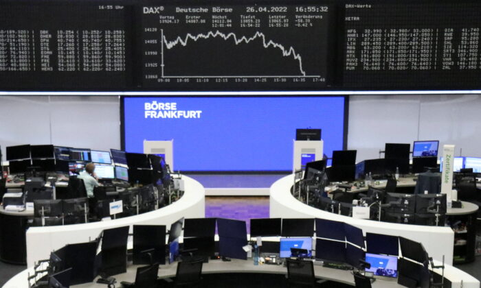 The German share price index DAX graph is pictured at the stock exchange in Frankfurt, Germany, on April 26, 2022. (Staff/Reuters)
