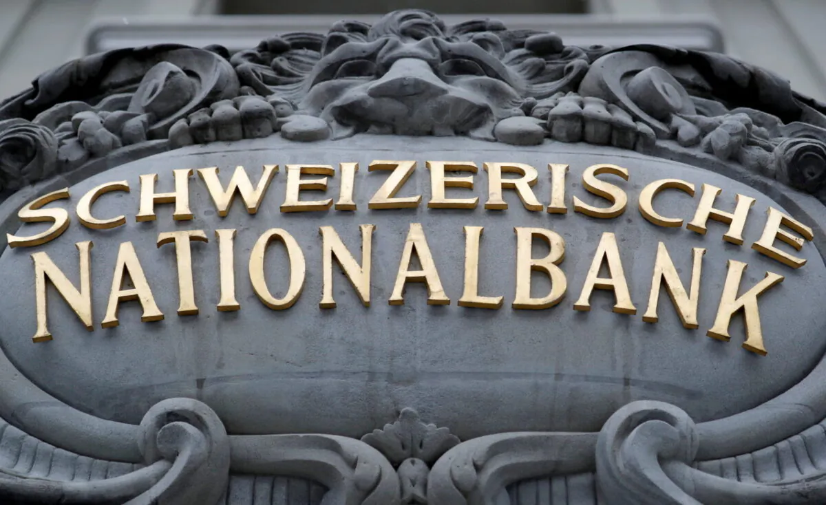 The Swiss National Bank (SNB) logo on its building in Bern, Switzerland, on April 2, 2022. (Arnd Wiegmann/Reuters)