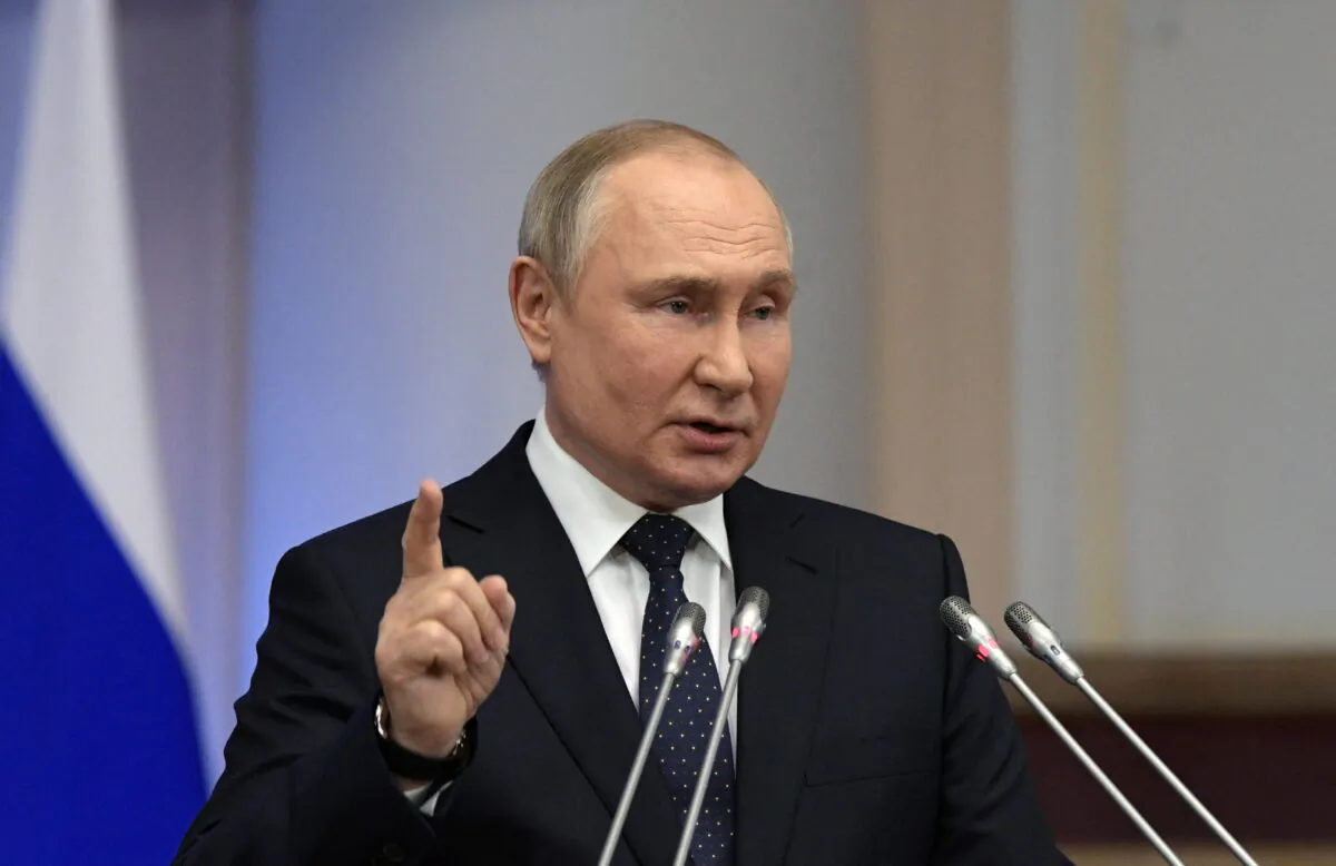 Russian President Vladimir Putin delivers a speech during a meeting of the Council of Legislators at the Federal Assembly in Saint Petersburg, Russia, on April 27, 2022. (Sputnik/Alexei Danichev/Kremlin via Reuters)