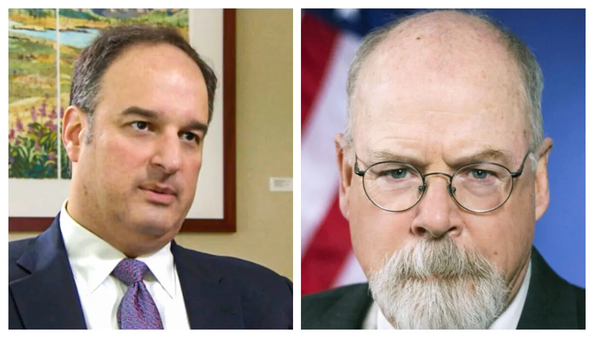 Michael Sussmann in an undated interview. (CNN/Screenshot via NTD) Special counsel John Durham in 2018. (U.S. Department of Justice via AP)