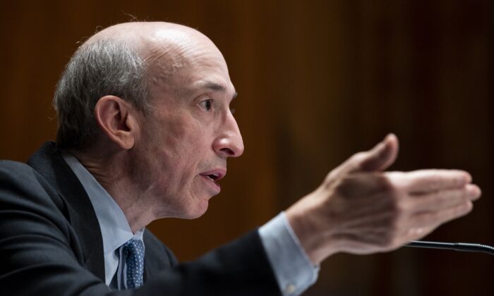 Gary Gensler, Chair of the U.S. Securities and Exchange Commission, testifies during the Senate Banking, Housing, and Urban Affairs Committee hearing in Washington, on Sept. 14, 2021. (Bill Clark-Pool/Getty Images)