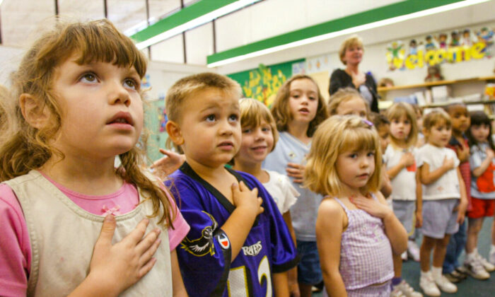 Kindergarten students recite the Pledge of Allegiance in Sunderland, Md., in this 2002 file photo. (Mark Wilson/Getty Images)