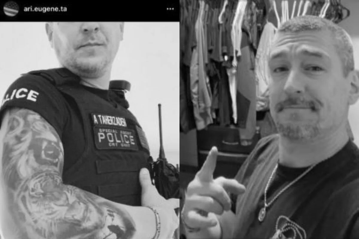 In undated photographs, Arian Taherzadeh poses wearing police vest (L) and in his apartment with firearms and police gear. (DOJ via The Epoch Times)