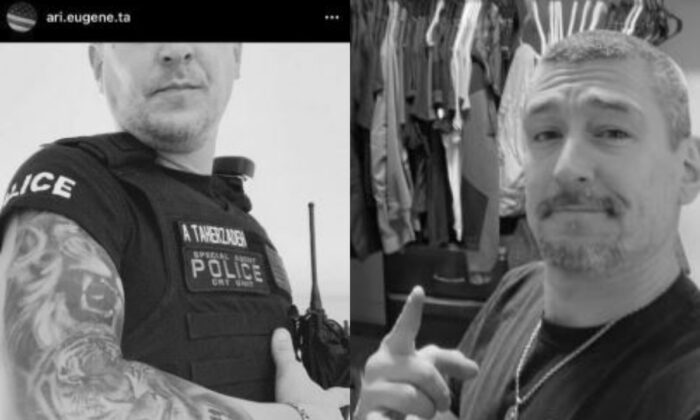 In undated photographs, Arian Taherzadeh poses wearing police vest (L) and in his apartment with firearms and police gear. (DOJ via The Epoch Times)