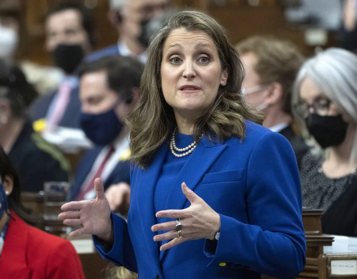 Finance Minister Chrystia Freeland responds to questions from the opposition after delivering the federal budget in the House of Commons on April 7, 2022. (Adrian Wyld/The Canadian Press)