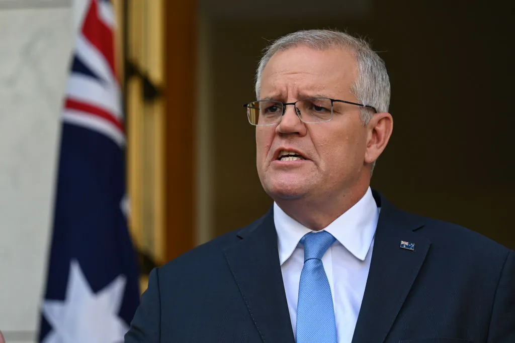 Australian Prime Minister Scott Morrison addresses the media at Parliament House in Canberra, Australia, on April 10, 2022. (Martin Ollman/Getty Images)