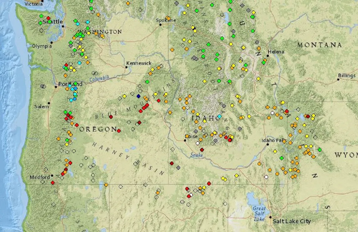 Snow status map photo in the area near Ore., on April 11, 2022. (NOAA/Screenshot via The Epoch Times)