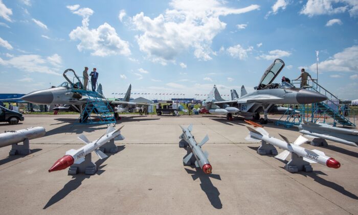 Different missiles attached to Russian warplanes are on display during the opening day of the annual air show MAKS 2017 in Zhukovsky, Russia, on July 18, 2017. (Mladen Antonov/AFP via Getty Images)