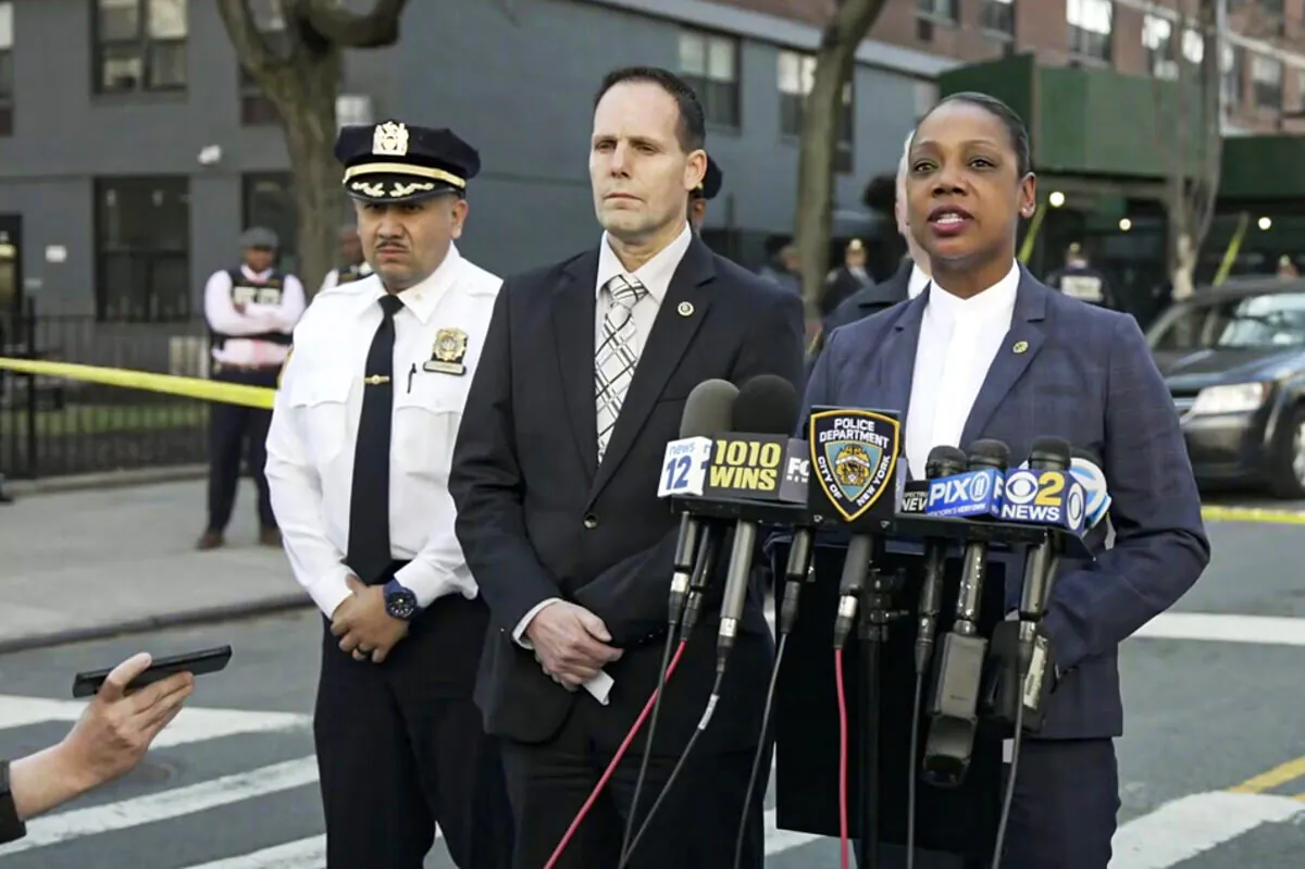 New York Police Commissioner Keechant Sewel (R) speaks during a news conference in New York on April 8, 2022, in this image taken from video. (NYPD via AP)