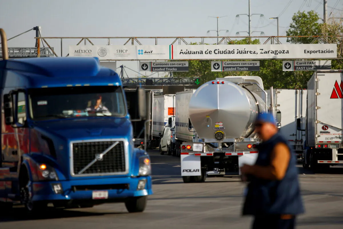 Trucks wait in a long queue to cross into the United States after the Texas Department of Public Safety announced increased security checks at the international ports of entry into Texas, at the Zaragoza-Ysleta border crossing bridge in Ciudad Juarez, Mexico, on April 9, 2022. (Jose Luis Gonzalez/Reuters)