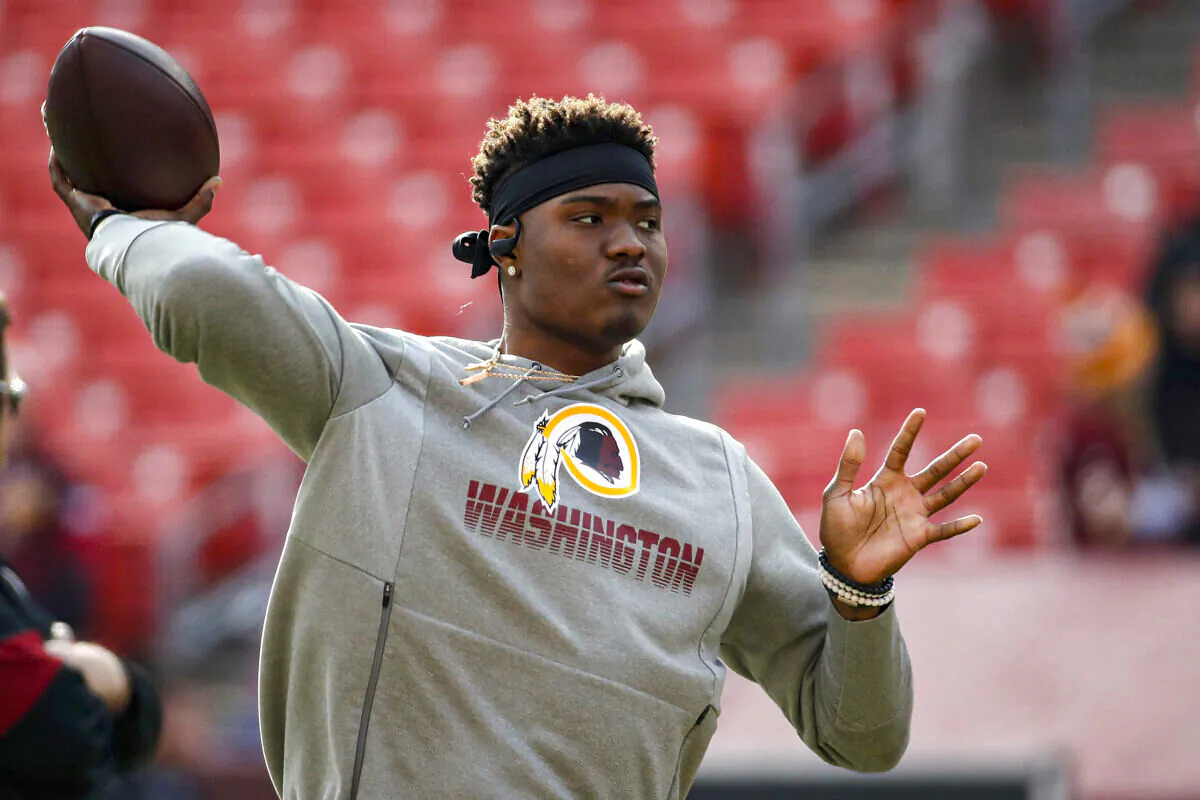 Washington Redskins quarterback Dwayne Haskins works out prior to an NFL football game against the New York Giants, in Landover, Md., on Dec. 22, 2019. (Alex Brandon/AP Photo)