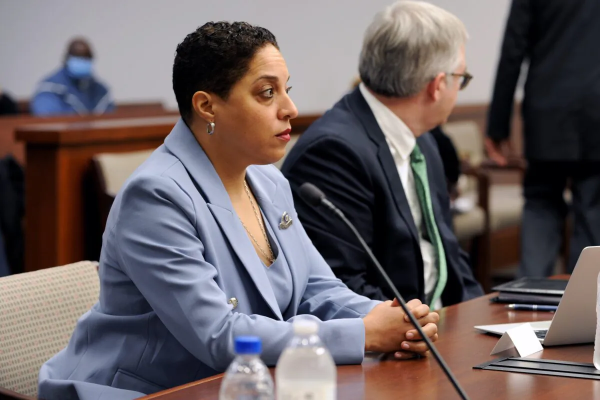 St. Louis Circuit Attorney Kim Gardner appears at her disciplinary hearing in St. Louis, Mo., on April 11, 2022. (T.L. Witt/Pool via Missouri Lawyers Media/AP Photo)