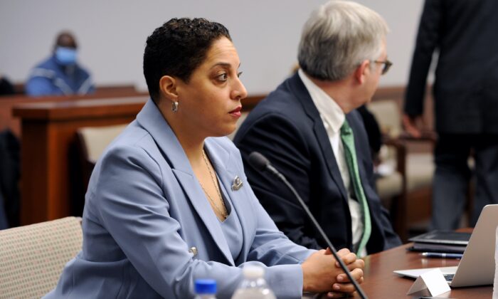 St. Louis Circuit Attorney Kim Gardner appears at her disciplinary hearing in St. Louis on April 11, 2022. (T.L. Witt/Pool via Missouri Lawyers Media/AP Photo)
