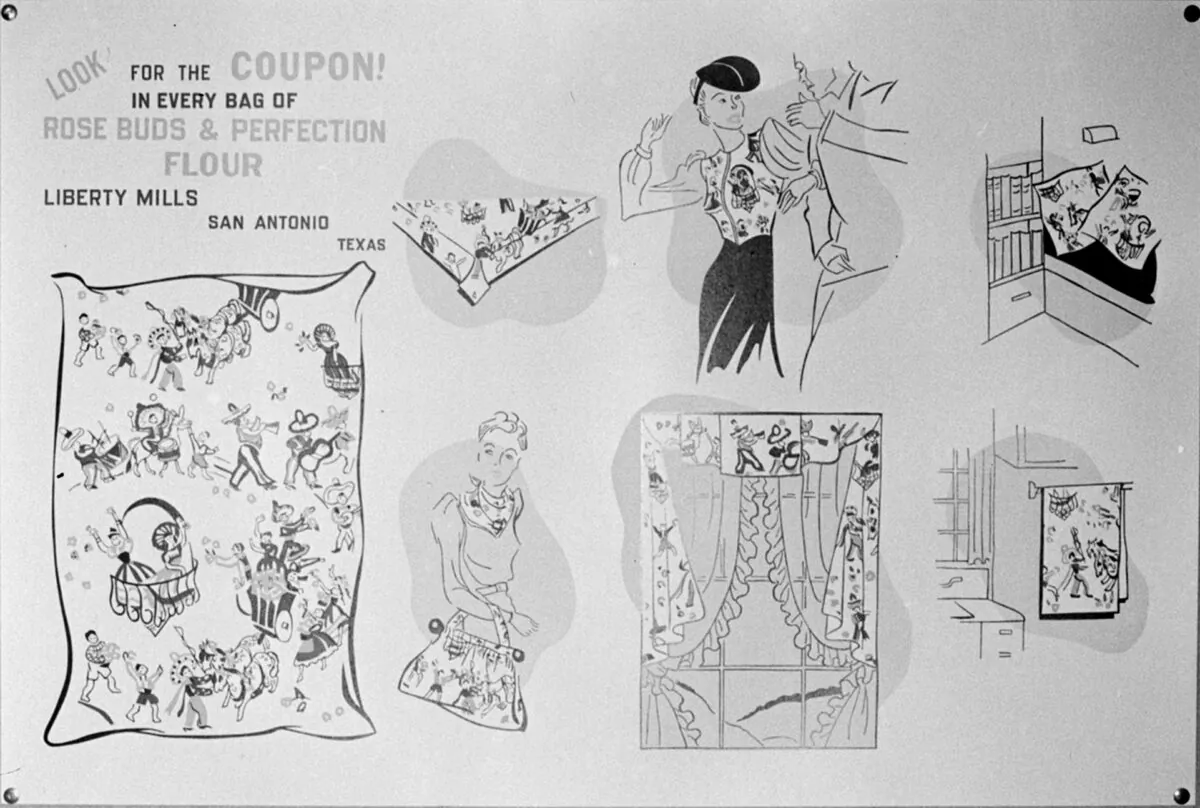 A chart indicating the various uses of feedsacks. Throughout the rural areas and in migrant camps, garments made of this sacking were common.  (Library of Congress)