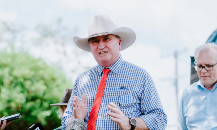 Deputy Prime Minister Barnaby Joyce speaks to the media during a visit to Rockhampton, Australia, on March 23, 2022. (AAP Image/Phat Nguyen)
