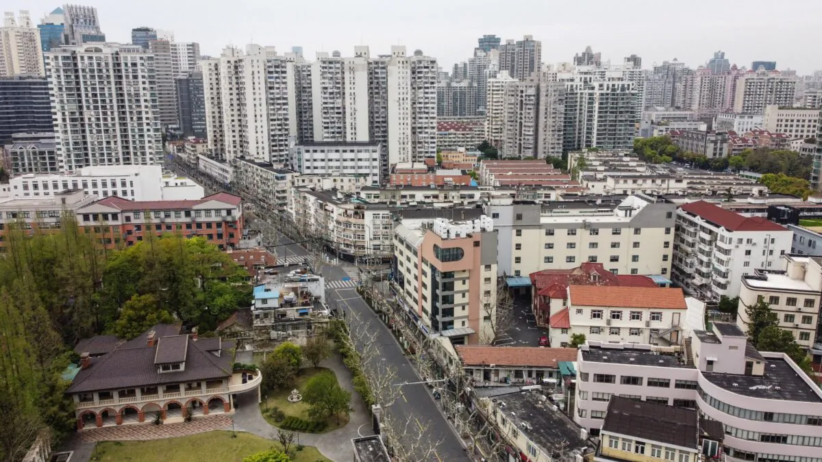 An aerial view of a residential area is seen during the second stage of a pandemic lockdown in Jing'an district in Shanghai, China, on April 5, 2022. (Hector Retamal/AFP via Getty Images)