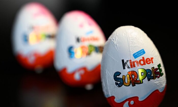 'Kinder Surprise' chocolate eggs, made by Ferrero, in this illustration photo taken in Brussels on April 3, 2022. 
(Laurie Dieffembacq/Belga Mag/AFP via Getty Images)