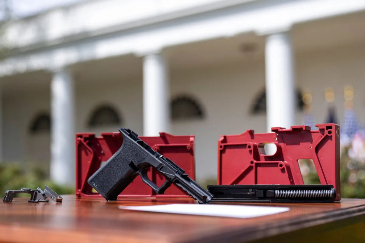 A "ghost gun" is displayed before the start of an event about gun-related violence in the Rose Garden of the White House in Washington on April 11, 2022. (Drew Angerer/Getty Images)