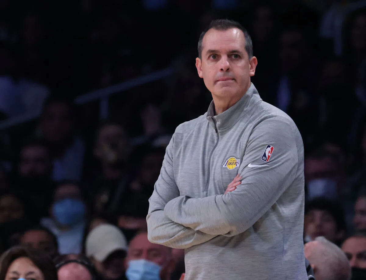 Head coach Frank Vogel of the Los Angeles Lakers reacts during a 119–115 LA 
Clippers win at Staples Center, in Los Angeles, on Dec. 3, 2021. (Harry How/Getty Images)
