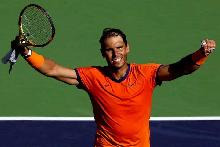 Rafael Nadal of Spain celebrates his win over Dan Evans of Great Britain during the BNP Paribas Open at the Indian Wells Tennis Garden in Indian Wells, Calif., on March 14, 2022. (Matthew Stockman/Getty Images)