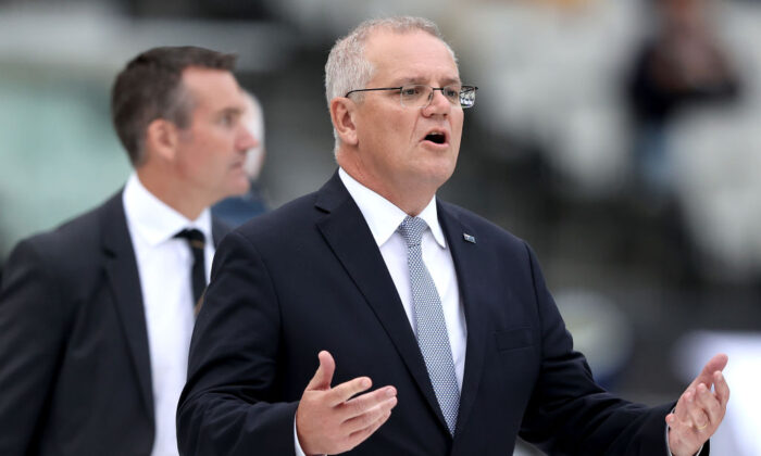 Prime Minister of Australia Scott Morrison attends the state memorial service for former Australian cricketer Shane Warne at the Melbourne Cricket Ground in Melbourne, Australia,  on March 30, 2022. (Robert Cianflone/Getty Images)