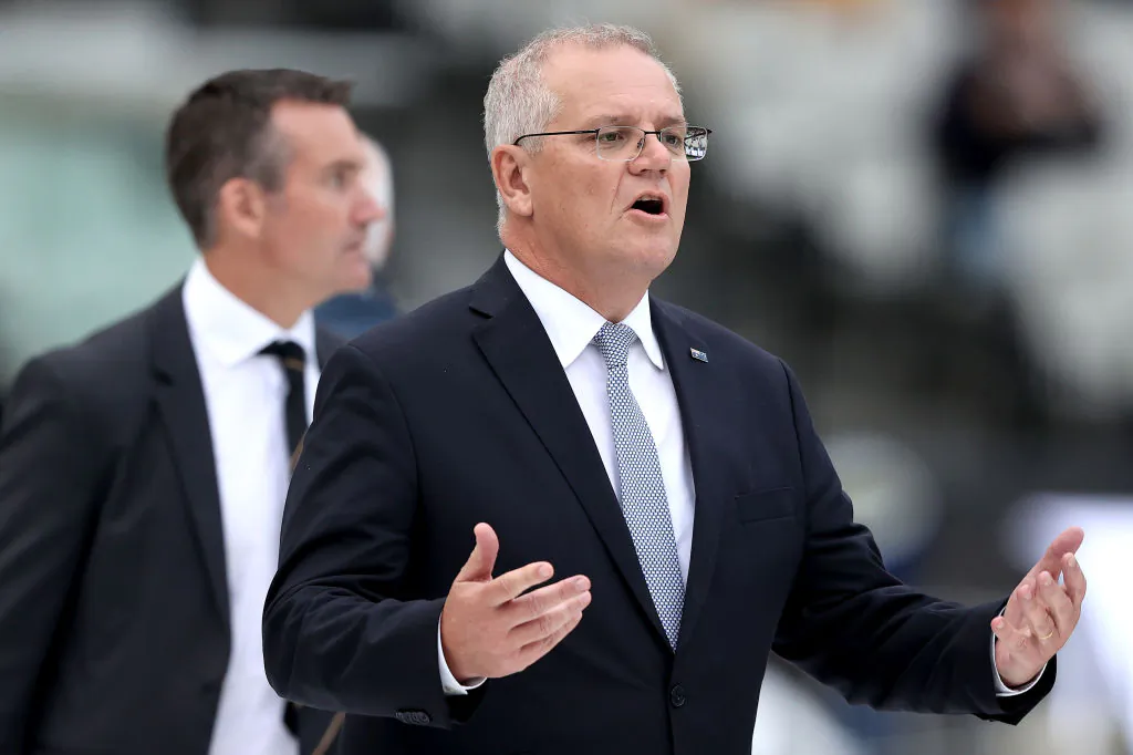 Prime Minister of Australia Scott Morrison attends the state memorial service for former Australian cricketer Shane Warne at the Melbourne Cricket Ground in Melbourne, Australia,  on March 30, 2022. (Robert Cianflone/Getty Images)