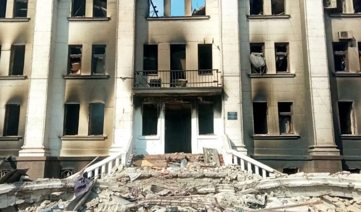 The remains of the drama theatre which was reportedly hit by a bomb when hundreds of people were sheltering inside, in Mariupol, Ukraine, on March 18, 2022. (Azov/Handout via Reuters)