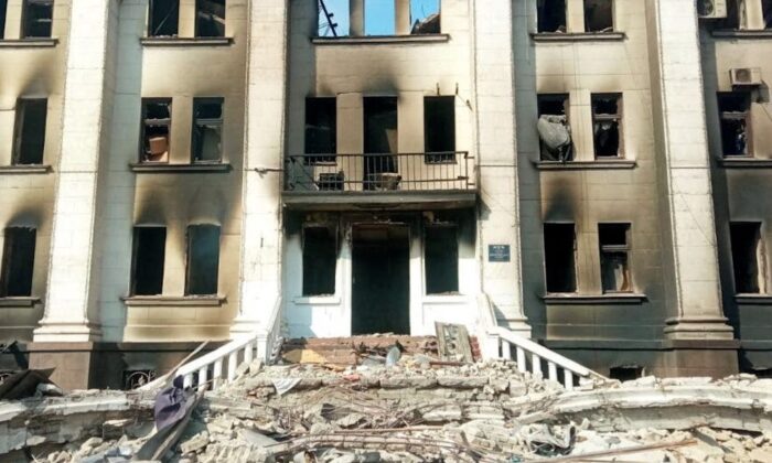 The remains of the drama theatre which was reportedly hit by a bomb when hundreds of people were sheltering inside, in Mariupol, Ukraine, on March 18, 2022. (Azov/Handout via Reuters)